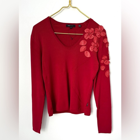 BCBGMAXAZRIA Bright Red Rib Knit Sweater Faux Leather Beaded Floral Womens Small - Picture 1 of 8